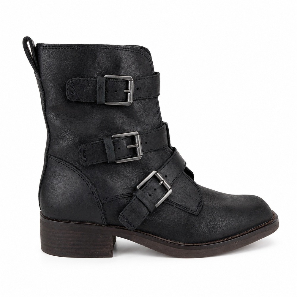 Lucky Brand Moto Boots 8 Black Leather Buckle Side Zip Motorcycle Biker Grunge